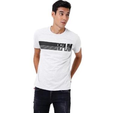 Imagem de Camiseta Replay Masculina C-Neck Brand Stripes Branca-Masculino