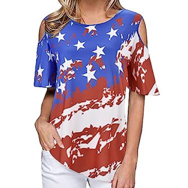 Imagem de Camiseta feminina do Dia da Independência com bandeira dos EUA, ombros de fora, camiseta de 4 de julho, camiseta de verão para sair, Azul, XXG