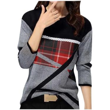 Imagem de Homisy Camisetas femininas modernas de manga comprida com patchwork color block top outono inverno blusas soltas e casuais, E#xadrez cinza, M
