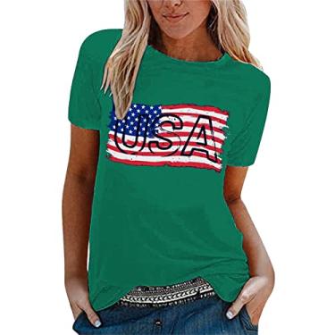 Imagem de Camisetas femininas 4 de julho verão bandeira americana listras estrelas tops manga curta túnica Memorial Day Patriotic Festival, Verde, XXG