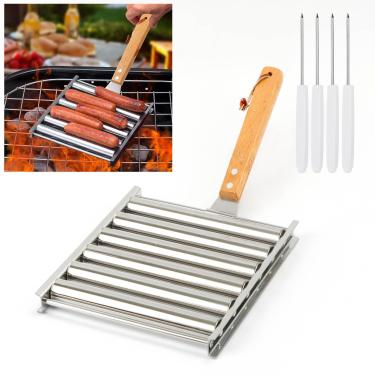 Imagem de KAYCROWN Rolo de cachorro quente para churrasqueira de aço inoxidável para cachorro-quente com cabo de madeira, suporte de rolo de salsicha para cachorros-quentes uniformemente cozidos, 4 espetos de