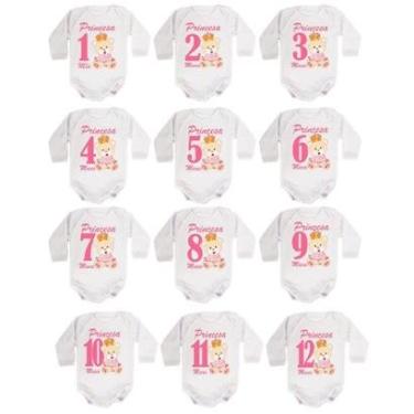 Imagem de Kit 12 Body Bebê Calupa Mesversario Manga Longa Ursinha Princesa 1 A 12 Meses Feminino-Feminino