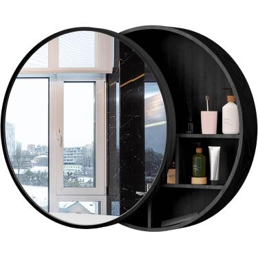 Imagem de Armário redondo com espelho de porta deslizante para banheiro, Armário de parede de banheiro com armazenamento, Armário de remédios para banheiro | Armários espelhados de madeira maciça com