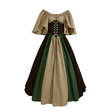 Imagem de Vestido medieval feminino Aissance vestido com babados com bolsos manga ombro de fora minivestido medieval fantasia feminina, Caqui, Small