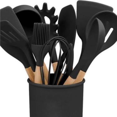 Imagem de Kit de Utensílios p/Cozinha em Silicone e Bambu 12 Peças - PRETO 12PCS