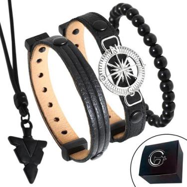 Imagem de Pulseira de Couro Kit 04 Bússola Preto com Fecho Strap Plug Ajustável 