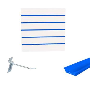 Imagem de Painel Canaletado Branco em Mdf 0,61 x 0,61m com Perfil Pvc Azul e 20 