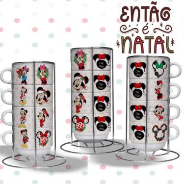 Imagem de kit de 4 xícaras com suporte de metal Mickey e Minnie feliz natal - Jl