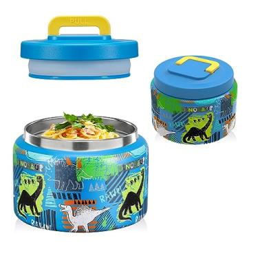 Imagem de JXXM Frasco de Comida Térmica de 8 Onças para Crianças Quentes e Frias, Recipientes de Almoço Isolados, Vácuo À Prova de Vazamento, Aço Inoxidável, Boca Larga, Sopa Térmica, Viagem (Dinossauro Azul) 1