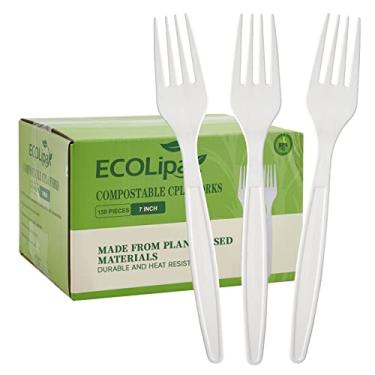 Imagem de ECOLipak Garfos 100% Compostáveis, Pacote de 150, Garfos de Talheres Descartáveis Biodegradáveis de Tamanho Grande de 7", Utensílios Cpla de Base Biológica para Serviços Pesados para Festas, Churrasco