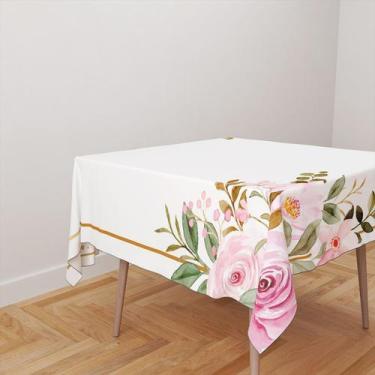 Imagem de Toalha De Mesa Quadrada 4 Lugares Tecido Oxford Branca Flores Rosa Mol