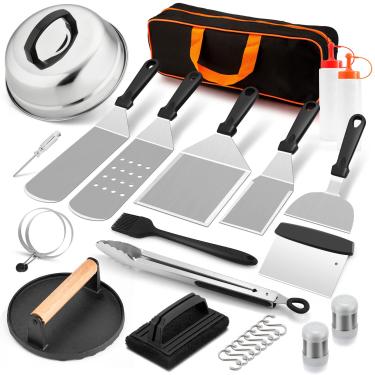 Imagem de HaSteeL Kit de Acessórios para Grelha de 18, Ferramentas Teppanyaki para Acampamento de Grelhados de Cozinha Plana, Cúpula de Derretimento de Aço Inoxidável, Espátulas de Metal, Prensa de Bacon para C