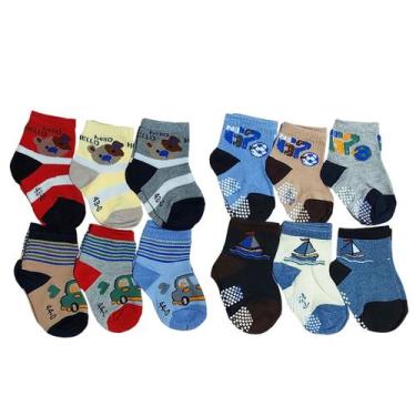 Imagem de Meias Sortidas Infantil Bebê - Kit 12 Pares: Solado Liso + Antiderrapa