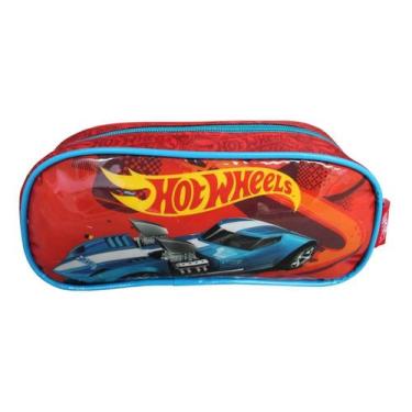 Imagem de Estojo Carros Luxcel Escolar Hotwheels Velozes Vermelho/Azul