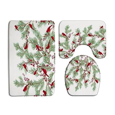 Imagem de ZKJSMGS Conjunto de tapetes de banho de 3 peças de pássaro vermelho de Natal, pinheiro de Natal, floresta, inverno, férias, galhos, ramos de neve, rústico, selvagem, festival, verde, 45 cm x 73 cm, capa de assento de sanita, vaso sanitário em forma de U