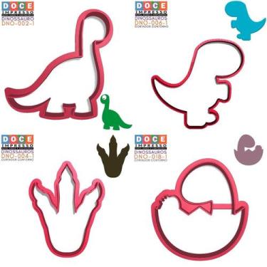 Imagem de Kit 4 Cortadores Dino Trex Braquiossauro Pegada - DOCE IMPRESSO, 9cm