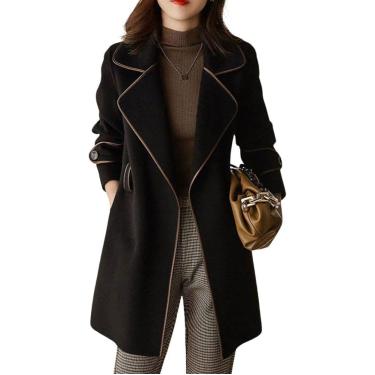Imagem de Casaco feminino elegante de inverno com lapela e lapela de comprimento médio com cinto, casaco trench coat jacet, cardigã de inverno, preto, M