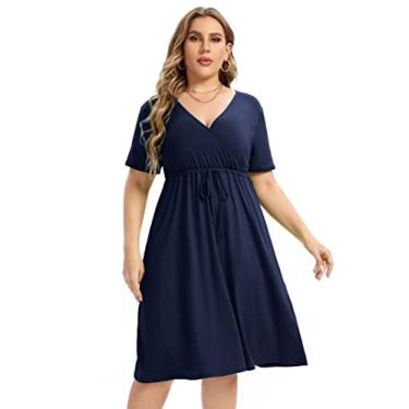 Imagem de ShopWonder Vestido plus size feminino decote em V evasê comprimento até o joelho vestidos rodados plus size evasê vestido de festa, Azul-marinho - cs, 4G