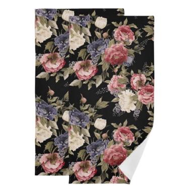 Imagem de KENADVI Toalhas de mão florais vintage peônia conjunto de 2 toalhas de mão macias aquarela lavanda padrão de flor de banho preto toalhas de mão decorativas retrô para banheiro hóspede toalha de rosto