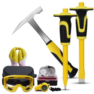 Imagem de A peerless shovel Kit de equipamento para picaretas de geologia com 8 peças, martelo de 600 ml e 2 cinzéis de escavação com tampas protetoras, conjunto de cinzel de escavação, equipamento de mineração e exploração de ouro (amarelo)