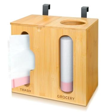 Imagem de Ymesiyou Distribuidor de saco de compras e suporte para saco de lixo - suporte para saco plástico de bambu 2 em 1, suporte para saco plástico de supermercado montado na parede para organizaç