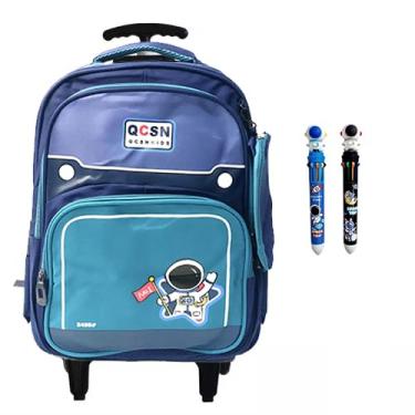 Imagem de Mochila de carrinho Rodinhas Infantil em Tecido Oxford e com Grande Capacidade para Estudantes de 6 a 12 Anos, mochila escolar (Astronauta azul/verde)