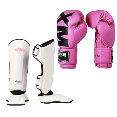 Imagem de Kit Luva de Boxe Feminina MXM Rosa + Caneleira Muay Thai Classic Branco/Rosa - Maximum (LUVA 14oz + CANELEIRA G)