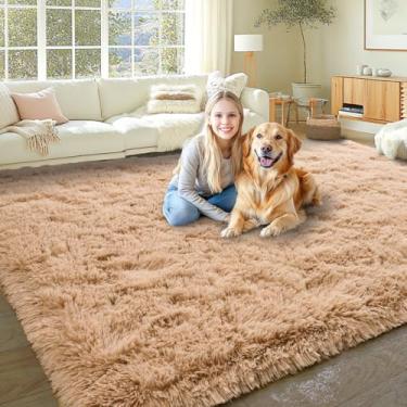 Imagem de KING DARE Tapete de pelúcia de 22 x 30,5 cm para sala de estar, tapete macio, fofo, peludo, grande, bege, antiderrapante, lavável, moderno, para quarto, casa, decoração estética