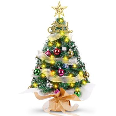 Imagem de Árvore de Natal de mesa, pré-iluminada de 55 cm, fita dourada e enfeite multicolorido com topo de estrela, caixas de presente pequenas, cordão de luzes LED de 20 cores, operado por bateria (1,8 pés)