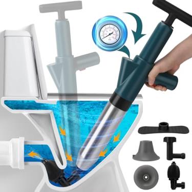 Imagem de Vertdens Desentupidor de vaso sanitário, desentupidor de dreno de ar de vaso sanitário, pistola de êmbolo de drenagem de alta pressão, pistola de jato de drenagem de ar de alta pressão com barômetro