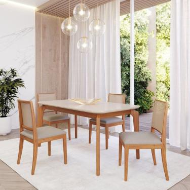 Imagem de Sala de Jantar Ficus 130cm com 4 Cadeiras Buriti Madeira/ Off White/ Cru