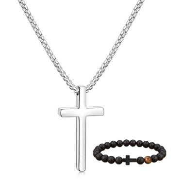 Imagem de symtype Colar de cruz para homens de aço inoxidável: corrente masculina de cruz para homens e mulheres, corrente de 50,8 cm com pulseira de 20,3 cm | Presentes de fé bíblica cristã, 20" Chain and 8"