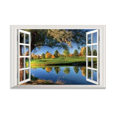 Imagem de MOBYAT Pintura de paisagem moldura de janela lago pacífico árvores grandes rios limpos natureza florestas janela criativa decoração de parede 90 x 60 cm (35 x 24 pol) pôster