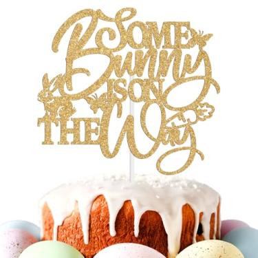Imagem de Some Bunny is on the Way Topo de bolo, decoração de revelação de gênero de coelhinho da primavera, suprimentos de decoração de festa de chá de bebê com tema de Páscoa, glitter dourado