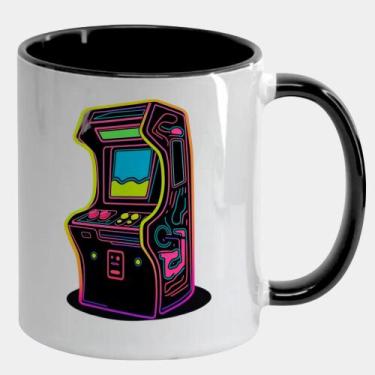 Imagem de Caneca Branca Interna Preta de Porcelana 325ml FLIPERAMA RETROWAVE NEO