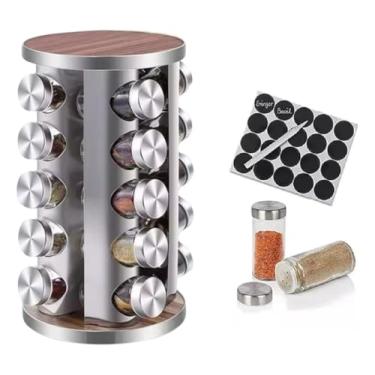 Imagem de PORTA TEMPERO CONDIMENTOS 20 POTES GIRATORIO MADEIRA INOX REDONDO + ETIQUETAS + CANETA