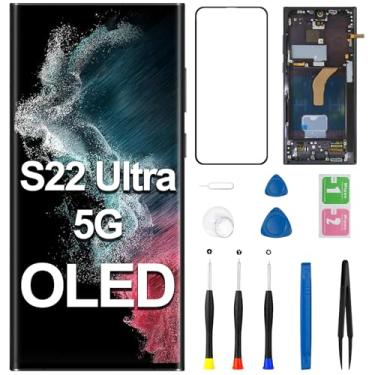 Imagem de Substituição de tela OLED para Samsung Galaxy S22 Ultra 5G com moldura lateral Butoon SM-S908U Display LCD Touch Digitizer Assembly com kit de ferramentas de reparo versão EUA (suporte a impressão