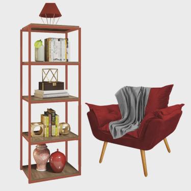 Imagem de Kit Poltrona Fatte com Manta Soft Cinza e Estante Livreiro Ferro Bronze mdf Imbuia Suede Vermelho - Ahazzo Móveis