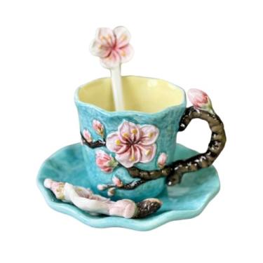 Imagem de FORLONG Conjunto de caneca de café e pires de cerâmica Van Gogh com colher, caneca de chá 3D feita à mão e pintada à mão, flor de damasco de 170 g