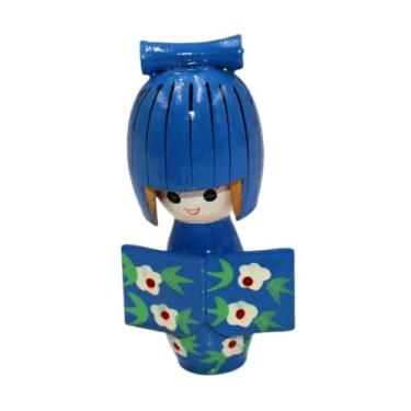 Imagem de Ioensy Doll Kimono de madeira boneca asiática boneca ornamento escultura tradicional boneca japonesa colecionável para quadro de prateleira em casa de, Azul