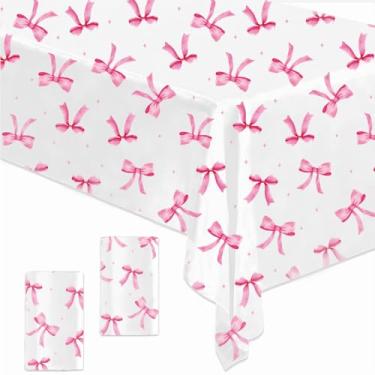 Imagem de Neyeidru Toalha de mesa com laço rosa – 2 peças de toalhas de mesa retangulares de plástico à prova d'água para mulheres, meninas, decorações de festa de chá de bebê e artigos de aniversário com tema