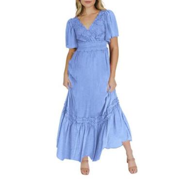 Imagem de Vestido Maxi Feminino De Renda Com Decote Em V Com Babado Manga Curta 