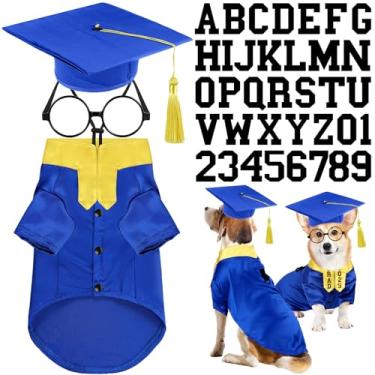 Imagem de Huhumy Conjunto de 5 peças de fantasia de formatura de cachorro inclui vestido de formatura para animais de estimação 2025 com estola de boné, óculos sem lentes, adesivos de letras DIY para cães e