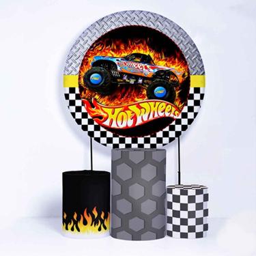 Imagem de Kit Painel de Festa Redondo de 1,80m e Trio de Cilindros Hot Wheels - Fera Print