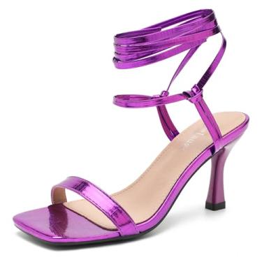 Imagem de Enelauge Sandálias femininas de salto baixo com cadarço, bico aberto, bico aberto, salto baixo, salto gatinho, tornozelo, amarrar, casamento, festa de casamento, Roxo fosco, 38