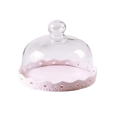 Imagem de Suporte para Bolo Simples e elegante bandeja dim sum pão bolo expositor prateleira frutas lanche bandeja de armazenamento tampa de vidro transparente Suporte para Sobremesa(Pink,Pequeno)