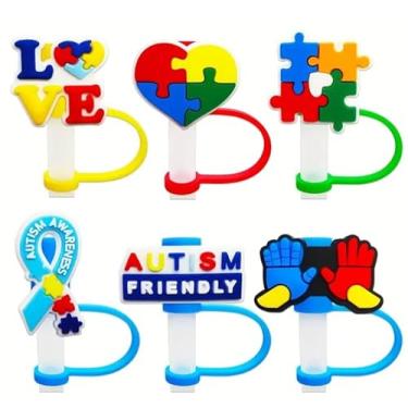 Imagem de 6 capas de canudo de conscientização do autismo para copo Stanley 1,134 g copo de 10 mm, à prova de poeira, reutilizável, material de silicone (6, autismo)