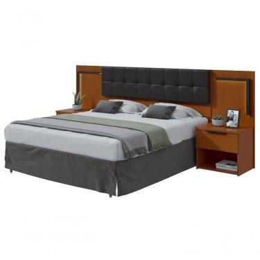 Imagem de Cabeceira Casal 160cm 2 Mesas De Cabeceira Com Led Calitan Frassino Preto Fosco