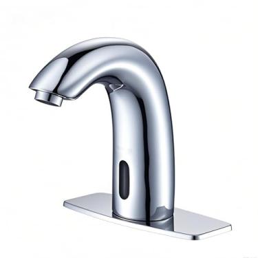 Imagem de Torneira de banheiro sem toque - Torneiras de pia com sensor de movimento automático com placa de cobertura de furo e misturador de temperatura, torneiras sem toque, torneira inteligente de lavatório