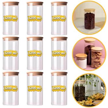 Imagem de 9 Potes De Vidro Herméticos Premium 1200ml Tampa De Bambu Conservar Alimentos